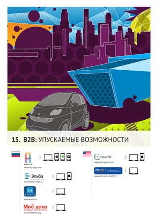 58




15. B2B: УПУСКАЕМЫЕ ВОЗМОЖНОСТИ


                        www.ZenPayroll.com

   www.my-apps.com


                        www.pncsites.com/CFO

   www.kontur-elba.ru




   www.ecwid.ru




   www.moedelo.org
 