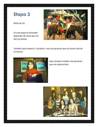 Etapa 3
Niñez (6-12)



En esta etapa la amistades
dependen de cosas que me
den los demás.



También aquí empecé a ‘socializar’ mas con personas que no fueran solo de
mi familia.



                                     Aquí siempre imitaba a las personas
                                     que me cayeran bien.
 