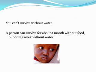 You can’t survive without water.

A person can survive for about a month without food,
  but only a week without water.
 