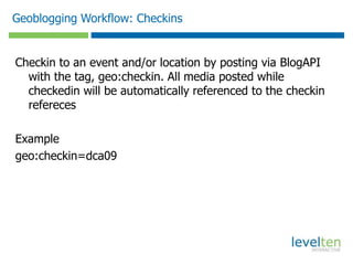 Geoblogging Setup: FeedsCreate a feed node for all media feedsCreating mappingsMap media tags to free tagging taxonomy via MachineTagsAPIThe feed node author should match the rss feed owner