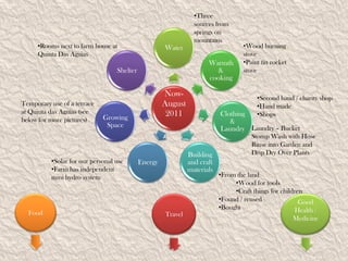•Three
                                                                sources from
                                                                springs on
                                                                mountains
     •Rooms next to farm house at                    Water                         •Wood burning
     Quinta Das Aguias                                                             stove
                                                                     Warmth        •Paint tin rocket
                                  Shelter                               &          stove
                                                                     cooking

                                                     Now-                               •Second hand / charity shop
Temporary use of a terrace                           August                             •Hand made
at Quinta das Aguias (see                             2011                Clothing      •Shops
below for more pictures)     Growing
                                                                             &
                              Space
                                                                          Laundry Laundry – Bucket
                                                                                      Stomp Wash with Hose
                                                                                      Rinse into Garden and
                                                              Building                Drip Dry Over Plants
          •Solar for our personal use       Energy            and craft
          •Farm has independent                               materials
          mini hydro system                                               •From the land
                                                                               •Wood for tools
                                                                               •Craft things for children
                                                                          •Found / reused               Good
                                                                          •Bought                      Health /
  Food                                               Travel
                                                                                                       Medicine
 