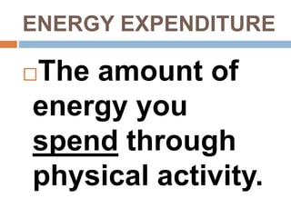 ENERGY EXPENDITURE
The amount of
energy you
spend through
physical activity.
 