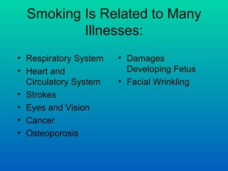 Smoking Is Related to Many
          Illnesses:
• Respiratory System   • Damages
• Heart and              Developing Fetus...