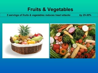 Fruits & Vegetables
5 servings of fruits & vegetables reduces heart attacks   by 25-30%
 