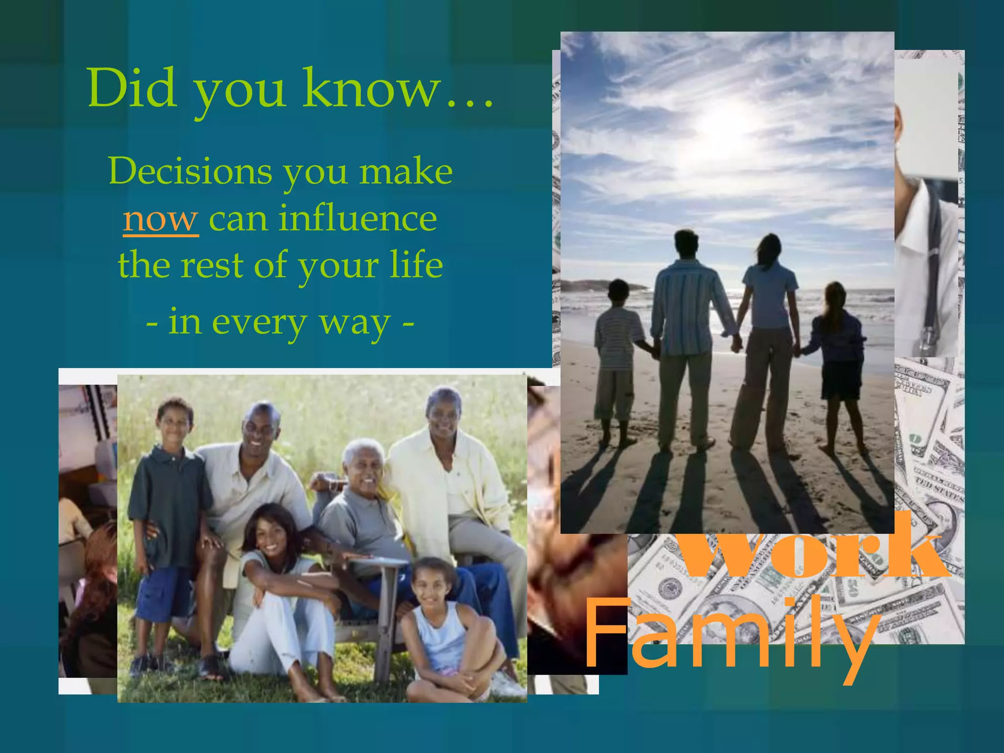 Did you know…
Decisions you make
 now can influence
the rest of your life
  - in every way -
                        Social Life


  Money                   Work
                        Family
 