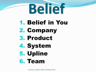 Belief
1.   Belief in You
2.   Company
3.   Product
4.   System
5.   Upline
6.   Team
     Courtesy : Jackson Sales Training Center
 