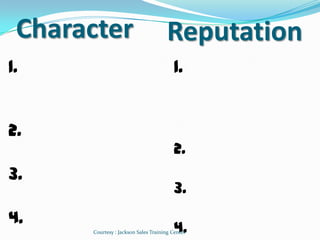 Character                           Reputation
1.                                      1.


2.
                                        2.
3.
                                        3.
4.
                                        4.
      Courtesy : Jackson Sales Training Center
 