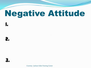 Negative Attitude
1.

2.



3.
     Courtesy : Jackson Sales Training Center
 