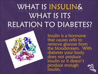 Insulin is a hormone that causes cells to remove glucose from the bloodstream.  With diabetes your body does not produce insulin or it doesn’t produce enough insulin. 