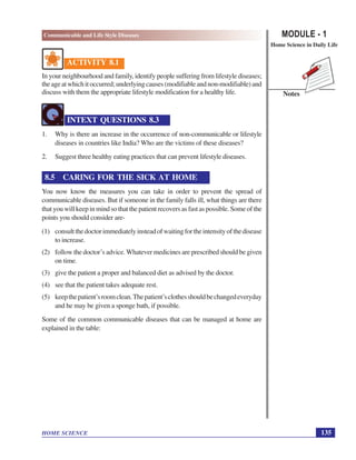MODULE - 1
Home Science in Daily Life
135
Communicable and Life Style Diseases
HOME SCIENCE
Notes
ACTIVITY 8.1
In your neighbourhood and family, identify people suffering from lifestyle diseases;
theageatwhichitoccurred;underlyingcauses(modifiableandnon-modifiable)and
discuss with them the appropriate lifestyle modification for a healthy life.
INTEXT QUESTIONS 8.3
1. Why is there an increase in the occurrence of non-communicable or lifestyle
diseases in countries like India? Who are the victims of these diseases?
2. Suggest three healthy eating practices that can prevent lifestyle diseases.
8.5 CARING FOR THE SICK AT HOME
You now know the measures you can take in order to prevent the spread of
communicable diseases. But if someone in the family falls ill, what things are there
that you will keep in mind so that the patient recovers as fast as possible. Some of the
points you should consider are-
(1) consultthedoctorimmediatelyinsteadofwaitingfortheintensityofthedisease
to increase.
(2) follow the doctor’s advice.Whatever medicines are prescribed should be given
on time.
(3) give the patient a proper and balanced diet as advised by the doctor.
(4) see that the patient takes adequate rest.
(5) keepthepatient’sroomclean.Thepatient’sclothesshouldbechangedeveryday
and he may be given a sponge bath, if possible.
Some of the common communicable diseases that can be managed at home are
explained in the table:
 