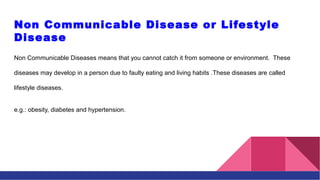 Non Communicable Disease or Lifestyle
Disease
Non Communicable Diseases means that you cannot catch it from someone or env...