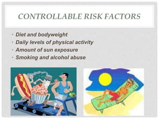 CONTROLLABLE RISK FACTORS
• Diet and bodyweight
• Daily levels of physical activity
• Amount of sun exposure
• Smoking and...