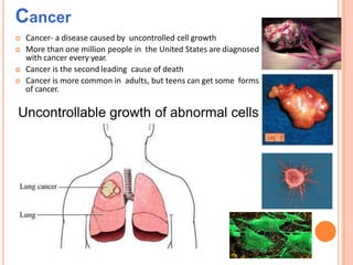 Risk Factors For Cancer
 Tobacco use
 Sexually TransmittedDiseases
 Dietary Factors
 Radiation
 Asbestos
 