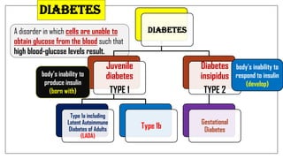 A disorder in which cells are unable to
obtain glucose from the blood such that
high blood-glucose levels result.
Diabetes
Diabetes
Juvenile
diabetes
TYPE 1
Type 1a including
Latent Autoimmune
Diabetes of Adults
(LADA)
Type 1b
Diabetes
insipidus
TYPE 2
Gestational
Diabetes
body’s inability to
produce insulin
(born with)
body’s inability to
respond to insulin
(develop)
 