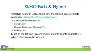 WHO Facts & Figures
• "Lifestyle-Related" Diseases are now the leading cause of death
worldwide, killing 36 million people a year
– Cardiovascular Diseases 48%
– Cancers 21%
– Chronic Respiratory Diseases 12%
– Diabetes 3%
• Much of the toll is in low and middle-income countries and this is
where efforts must be focused
 