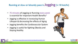 Running at slow or leisurely pace is Jogging (< 10 km/hr)
• 75 minutes of Jogging or Running every week
is essential for important Health Benefits*
• Jogging is effective in increasing Human
Lifespan & decreasing the effects of Aging
• Jogging benefits the Cardiovascular System
• Jogging is useful for fighting Obesity and
Staying Healthy
* http://www.cdc.gov/physicalactivity/everyone/guidelines/adults.html
 