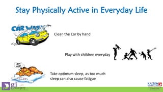 Clean the Car by hand
Stay Physically Active in Everyday Life
Play with children everyday
Take optimum sleep, as too much
sleep can also cause fatigue
 