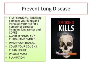 Prevent Lung Disease
• STOP SMOKING. (Smoking
damages your lungs and
increases your risk for a
number of diseases
including lung cancer and
COPD)
• AVOID SECOND- AND
THIRD-HAND SMOKE. ...
• WASH YOUR HANDS.
• COVER YOUR COUGHS.
• CLEAN HOUSE.
• WEAR A MASK
• PLANTATION
 