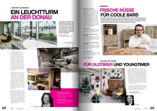 ⁄ LIFESTYLEHOTELS.NET ⁄ ⁄ 1716 ⁄ ⁄ LIFESTYLEHOTELS.NET ⁄	
Die Kreativität spiegelt sich im Inne-
ren des Hotels wider: Jedes Zimmer
erzählt seine eigene Geschichte – von
einer Hochzeit, einer Tanzstunde, ei-
nem Kinofilm, … – und lädt seine Gäste
ein, in diese einzutauchen. Entwickelt
wurde das Konzept von einer Gruppe
junger Künstler aus den Bereichen Fo-
tografie, Grafik und Design. Wichtige
Protagonisten der Geschichten sind
– die Stühle: der George G. Sowden-
Stuhl im Kino, der von Phillipe Starck
in der Tanzstunde oder der weiße von
Verner Panton bei der Hochzeit (natür-
lich in der Rolle der Braut) – Phantasie
ohne Grenzen.
„Design ist ein Teil unseres Lebens, es
soll uns inspirieren und kann – wenn es
richtig eingesetzt ist – ein einmaliges
Erlebnis schaffen“, so Edit Rozsos, Ho-
teldirektorin und Co-Gründerin. Sie war
von Anfang an mit dabei und hat auch
die Herausforderungen während der
Bauphase gemeistert: Ein Wasserturm
aus dem Mittelalter im Fundament – aus-
gegraben und renoviert – wurde in den
Bau integriert und stellt durch den Glas-
boden der Lobby sichtbar den erstaunli-
chen Kontrast zur modernen Architektur
des Hotels dar.
Was die Hoteldirektorin an Budapest
liebt? „Dass ich die Vergangenheit eben-
so spüre, wie die Gegenwart. Atemberau-
bende Gebäude aus früheren Epochen
neben moderner Architektur. Zwischen-
drin die Donau, die Budapest in zwei
Hälften teilt. Ich fahre morgens über eine
Brücke zur Arbeit. Durch die Morgenson-
ne erstrahlt der Fluss in bunten Farben und
die Wellen spiegeln sich an den Fenstern
unseres Hotels.“ STOP
/ LÁNCHÍD 19, BUDAPEST /
EIN LEUCHTTURM
AN DER DONAU
Die Überreste des mittelalterlichen
Wasserturms wurden in den modernen
Meetingraum integriert.
Foto:
Attila Szabó and Miklós Bémer
 EDIT ROZSOS LIEBLINGSPLÄTZE:
- Gozsdu: Entertainment, gastronomischer und
kultureller Hotspot
- Rudas: Ein neues Spa mit einer großartigen
Aussicht über die Stadt
 DIE BESTE REISEZEIT:
Von März bis November. Aufgrund des milden
Klimas kommen aber auch im Winter immer
mehr Touristen in die Stadt.
DAS LÁNCHÍD 19 VERSPRICHT EINE
ATEMBERAUBENDE AUSSICHT: VOM
HOTEL AUF DIE DONAU, ABER AUCH
VOM BUDA ROYAL CASTLE AUF
DER GEGENÜBERLIEGENDEN SEITE
ZURÜCK AUFS HOTEL. DENN DIE
AKKORDEONARTIGE GLASFASSADE
HOLT DAS SAGENHAFT SCHÖNE DO-
NAUUFER IN DIE ZIMMER.
Edit Rozsos, General Manager,
Lánchíd 19 Budapest
Woher kommen Ihre Nüsse?
Wir verwenden für unsere Produkte nur
Nüsse aus den dafür geeignetsten Her-
kunftsländern – sei es die berühmte austra-
lische Macadamia oder die spanische Man-
del. Diese hochwertigen Rohwaren werden
in traditioneller Handarbeit frisch zubereitet
und von Kunden in der Hotellerie, Gastrono-
mie und im Feinkostsegment sehr geschätzt.
Auch Firmen nutzen gerne diese Möglichkeit,
um ihren Mitarbeitern und Partnern eine klei-
ne Aufmerksamkeit anzubieten. Wer dort auf
den Geschmack gekommen ist, kann seinen
Nussvorrat natürlich auch als Endverbraucher
in unserem Online-Shop beziehen.
Frisch zubereitet?
Richtig – Nüsse von Kern gibt es nicht auf Lager.
Sie werden erst nach Eingang der Bestellung
bearbeitet. Das ist unsere Frische-Garantie.
Warum haben sich Nüsse in Hotelbars
eingebürgert?
Nüsse passen einfach gut zu jedem Getränk
und sind daher ein fester Bestandteil, wenn es
darum geht, seinen Gästen einen angenehmen
Abend zu bereiten.
Welche Nüsse eignen sich besonders gut
für Hotelbars?
Würzige und salzige Varianten. Gerne genom-
men werden dort etwa die Nussmischungen Sa-
fari, Marrakesch-Mix, V.I.P. Curry oder der klassi-
sche Bar-Mix.
Ihre liebste Hotelbar?
Es gibt so viele tolle Hotelbars, in denen ich gerne
einen angenehmen Abend verbringe – mit einem
Getränk und mit leckeren Nüssen! STOP
/ V8 HOTEL, STUTTGART /
FÜR OLDTIMER UND YOUNGTIMER
/ HAMBURG /
FRISCHE NÜSSE
FÜR COOLE BARS
In einem denkmalgeschützten Gebäude, in der
MOTORWORLD Region in Stuttgart, präsentiert sich in
Böblingen seit dem Jahr 2010 ein Themen- und Design-
hotel, das rund um das Automobil konzipiert wurde. Die
Gäste tauchen in eine für diesen Standort authentische
Umgebung ein, voll von geschichtlichem Charme in-
mitten von Oldtimern, Youngtimern, Sportwagen und
Architektur. Das Konzept beinhaltet unter anderem
zehn verschiedene Themenzimmer, wie die Werkstatt,
die Tankstelle oder das Autokino sowie einen halben
Liter Wasser bei der Abreise – ob dieser für das Fahr-
zeug oder den Fahrer selbst bestimmt ist, kann spon-
tan entschieden werden.
Einen guten Überblick über die Region und Stuttgart,
die Stadt „zwischen Wald und Reben“, lässt sich am
Killesbergturm gewinnen. Shopping-freudige kom-
men in der Königstrasse auf ihre Kosten.STOP
Foto: KERNenergie Denis Burghardt, Geschäftsführer
Simeon Schad,
Inhaber V8 Hotel
NÜSSE SIND IN HOTELBARS LÄNGST ZUR SELBSTVERSTÄNDLICHKEIT GEWORDEN. BARKEEPER SERVIEREN SIE
GESCHÄFTSREISENDEN ZUM FEIERABEND-BIER UND URLAUBERN ZUM COCKTAIL NACH EINEM ANSTRENGEN-
DEN SIGHTSEEING-TAG. ABER WAS WISSEN WIR EIGENTLICH ÜBER DIESE NÜSSE? WO KOMMEN SIE HER? UND:
WIE FRISCH SIND SIE? DENIS BURGHARDT VON KERN ENERGIE WEIS DIE ANTWORTEN.
mehr Informationen unter:
www.lifestylehotels.net/lanchid-19
mehr Informationen unter:
www.lifestylehotels.net/v8-hotel
Foto: Frank Hoppe
mehr Informationen unter:
www.kern-energie.com
 