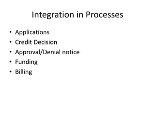 Integration in Processes
•   Applications
•   Credit Decision
•   Approval/Denial notice
•   Funding
•   Billing
 