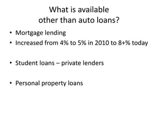 What is available
          other than auto loans?
• Mortgage lending
• Increased from 4% to 5% in 2010 to 8+% today

• Student loans – private lenders

• Personal property loans
 
