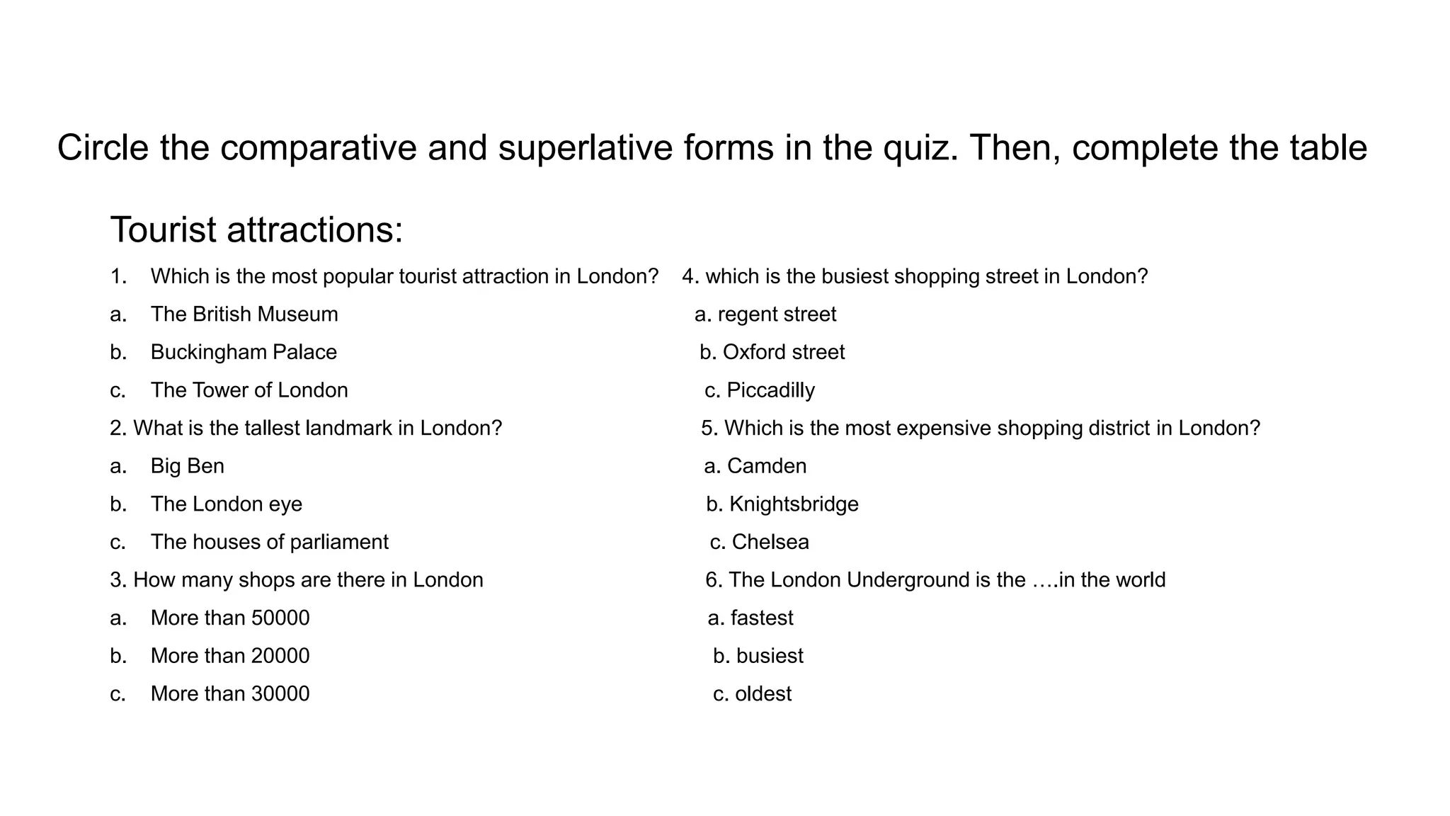 Circle the comparative and superlative forms in the quiz. Then, complete the table
Tourist attractions:
1. Which is the most popular tourist attraction in London? 4. which is the busiest shopping street in London?
a. The British Museum a. regent street
b. Buckingham Palace b. Oxford street
c. The Tower of London c. Piccadilly
2. What is the tallest landmark in London? 5. Which is the most expensive shopping district in London?
a. Big Ben a. Camden
b. The London eye b. Knightsbridge
c. The houses of parliament c. Chelsea
3. How many shops are there in London 6. The London Underground is the ….in the world
a. More than 50000 a. fastest
b. More than 20000 b. busiest
c. More than 30000 c. oldest
 