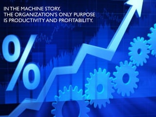 IN THE MACHINE STORY,
THE ORGANIZATION’S ONLY PURPOSE
IS PRODUCTIVITY AND PROFITABILITY.
 