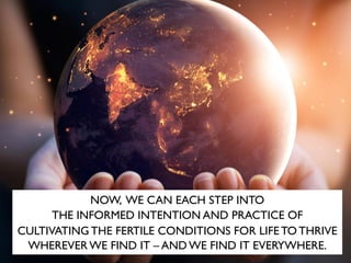NOW, WE CAN EACH STEP INTO
THE INFORMED INTENTION AND PRACTICE OF
CULTIVATING THE FERTILE CONDITIONS FOR LIFE TO THRIVE
WHEREVER WE FIND IT – AND WE FIND IT EVERYWHERE.
 