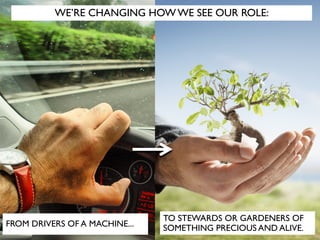 TO STEWARDS OR GARDENERS OF
SOMETHING PRECIOUS AND ALIVE.FROM DRIVERS OF A MACHINE...
WE’RE CHANGING HOW WE SEE OUR ROLE:
 
