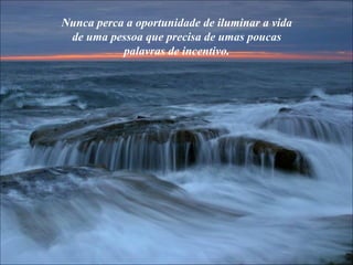 Nunca perca a oportunidade de iluminar a vida de uma pessoa que precisa de umas poucas palavras de incentivo. 