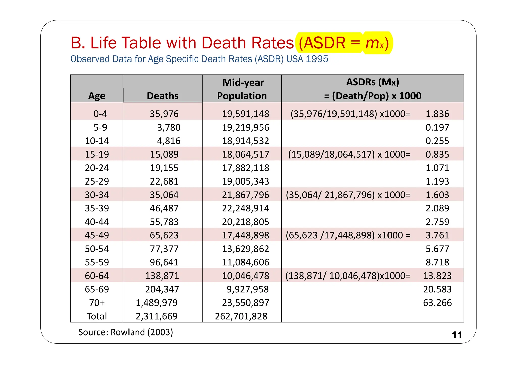 B. Life Table with Death Rates (ASDR = mx)
Observed Data for Age Specific Death Rates (ASDR) USA 1995
11
Deaths
Mid‐year
Population
ASDRs (Mx)
Age = (Death/Pop) x 1000
0‐4 35,976 19,591,148 (35,976/19,591,148) x1000= 1.836
5‐9 3,780 19,219,956 0.197
10‐14 4,816 18,914,532 0.255
15‐19 15,089 18,064,517 (15,089/18,064,517) x 1000= 0.835
20‐24 19,155 17,882,118 1.071
25‐29 22,681 19,005,343 1.193
30‐34 35,064 21,867,796 (35,064/ 21,867,796) x 1000= 1.603
35‐39 46,487 22,248,914 2.089
40‐44 55,783 20,218,805 2.759
45‐49 65,623 17,448,898 (65,623 /17,448,898) x1000 = 3.761
50‐54 77,377 13,629,862 5.677
55‐59 96,641 11,084,606 8.718
60‐64 138,871 10,046,478 (138,871/ 10,046,478)x1000= 13.823
65‐69 204,347 9,927,958 20.583
70+ 1,489,979 23,550,897 63.266
Total 2,311,669 262,701,828
Source: Rowland (2003)
 