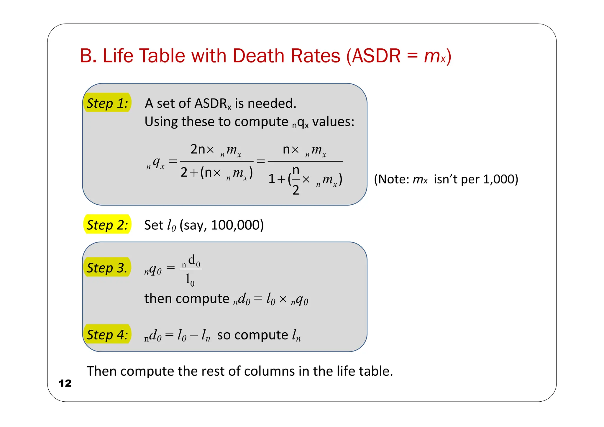 B. Life Table with Death Rates (ASDR = mx)
12
Step 1: A set of ASDRx is needed.
Using these to compute nqx values:
)
2
n
(
1
n
)
(n
2
2n
x
n
x
n
x
n
x
n
x
n
m
m
m
m
q








(Note: mx isn’t per 1,000)
Step 2: Set l0 (say, 100,000)
Step 3. nq0 =
0
0
n
l
d
then compute nd0 = l0  nq0
Step 4: nd0 = l0 – ln so compute ln
Then compute the rest of columns in the life table.
 