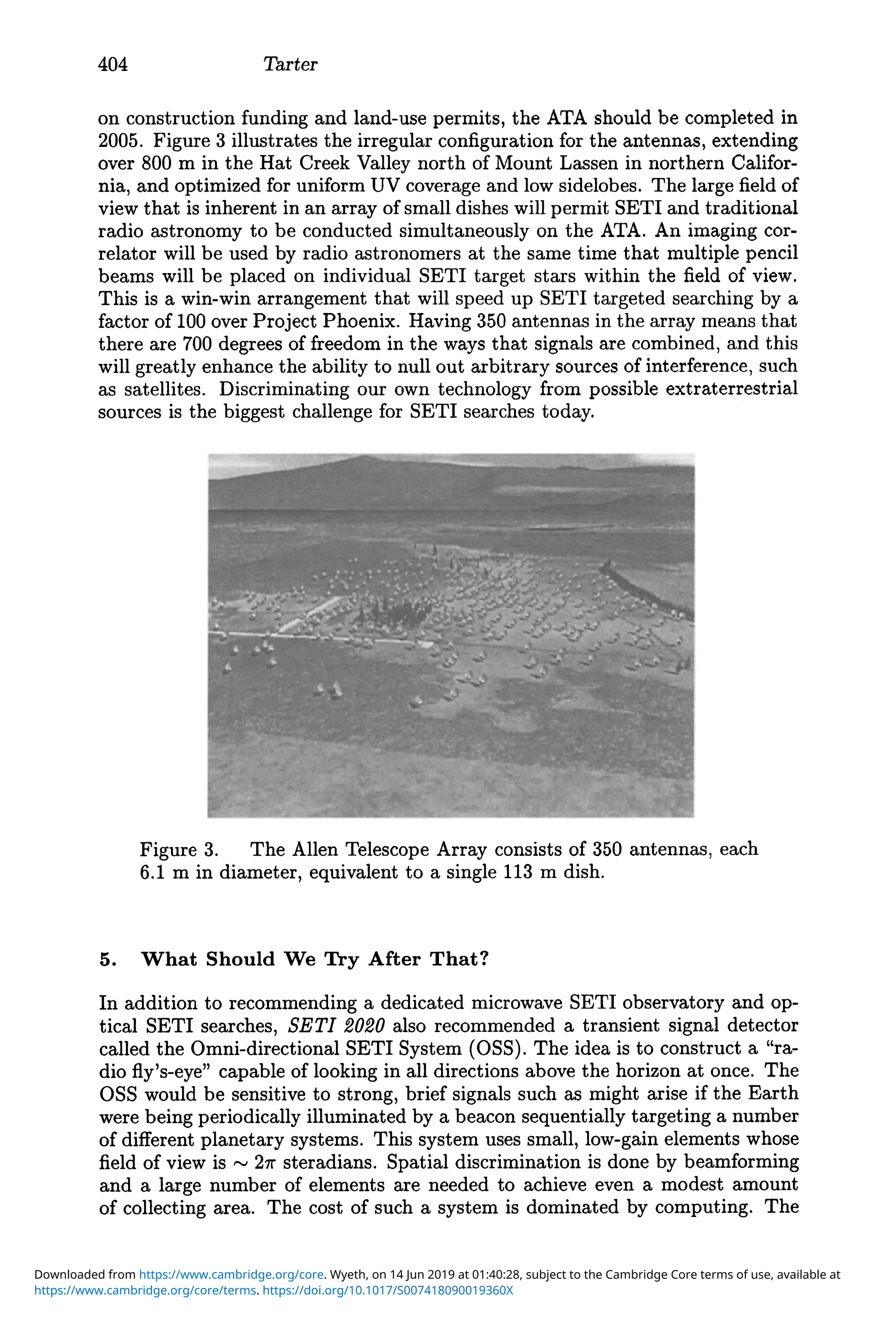 404 Tarter
on construction funding and land-use permits, the ATA should be completed in
2005. Figure 3 illustrates the irregular configuration for the antennas, extending
over 800 m in the Hat Creek Valley north of Mount Lassen in northern Califor-
nia, and optimized for uniform UV coverage and low sidelobes. The large field of
view that is inherent in an array of small dishes will permit SETI and traditional
radio astronomy to be conducted simultaneously on the ATA. An imaging cor-
relator will be used by radio astronomers at the same time that multiple pencil
beams will be placed on individual SETI target stars within the field of view.
This is a win-win arrangement that will speed up SETI targeted searching by a
factor of 100 over Project Phoenix. Having 350 antennas in the array means that
there are 700 degrees of freedom in the ways that signals are combined, and this
will greatly enhance the ability to null out arbitrary sources of interference, such
as satellites. Discriminating our own technology from possible extraterrestrial
sources is the biggest challenge for SETI searches today.
Figure 3. The Allen Telescope Array consists of 350 antennas, each
6.1 m in diameter, equivalent to a single 113 m dish.
5. "What Should We Try After That?
In addition to recommending a dedicated microwave SETI observatory and op-
tical SETI searches, SETI 2020 also recommended a transient signal detector
called the Omni-directional SETI System (aSS). The idea is to construct a "ra-
dio fly's-eye" capable of looking in all directions above the horizon at once. The
ass would be sensitive to strong, brief signals such as might arise if the Earth
were being periodically illuminated by a beacon sequentially targeting a number
of different planetary systems. This system uses small, low-gain elements whose
field of view is f"V 211" steradians. Spatial discrimination is done by beamforming
and a large number of elements are needed to achieve even a modest amount
of collecting area. The cost of such a system is dominated by computing. The
https://www.cambridge.org/core/terms. https://doi.org/10.1017/S007418090019360X
Downloaded from https://www.cambridge.org/core. Wyeth, on 14 Jun 2019 at 01:40:28, subject to the Cambridge Core terms of use, available at
 
