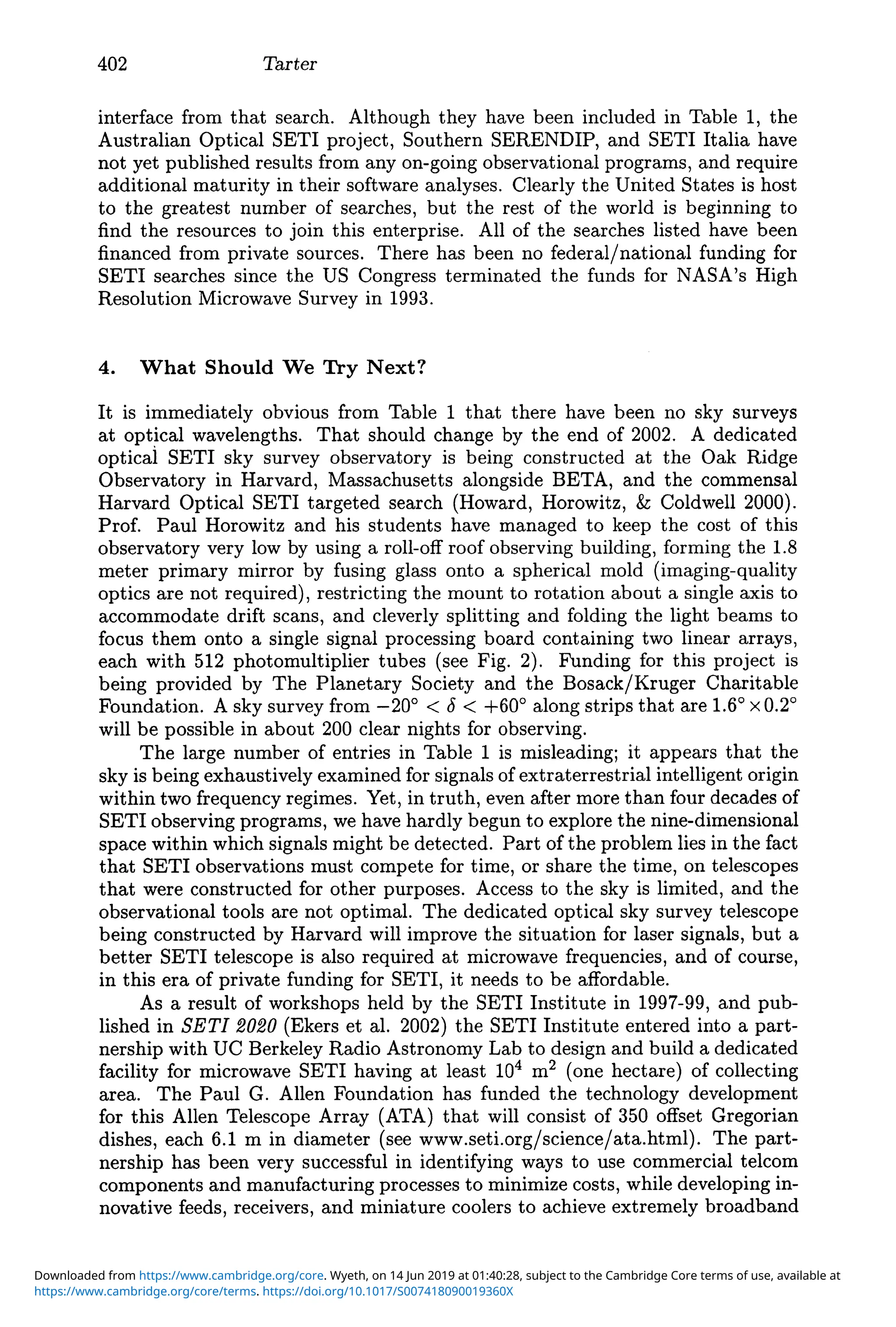 402 Tarter
interface from that search. Although they have been included in Table 1, the
Australian Optical SETI project, Southern SERENDIP, and SETI Italia have
not yet published results from anyon-going observational programs, and require
additional maturity in their software analyses. Clearly the United States is host
to the greatest number of searches, but the rest of the world is beginning to
find the resources to join this enterprise. All of the searches listed have been
financed from private sources. There has been no federal/national funding for
SETI searches since the US Congress terminated the funds for NASA's High
Resolution Microwave Survey in 1993.
4. "What Should We Try Next?
It is immediately obvious from Table 1 that there have been no sky surveys
at optical wavelengths. That should change by the end of 2002. A dedicated
optical SETI sky survey observatory is being constructed at the Oak Ridge
Observatory in Harvard, Massachusetts alongside BETA, and the commensal
Harvard Optical SETI targeted search (Howard, Horowitz, & Coldwell 2000).
Prof. Paul Horowitz and his students have managed to keep the cost of this
observatory very low by using a roll-off roof observing building, forming the 1.8
meter primary mirror by fusing glass onto a spherical mold (imaging-quality
optics are not required), restricting the mount to rotation about a single axis to
accommodate drift scans, and cleverly splitting and folding the light beams to
focus them onto a single signal processing board containing two linear arrays,
each with 512 photomultiplier tubes (see Fig. 2). Funding for this project is
being provided by The Planetary Society and the Bosack/Kruger Charitable
Foundation. A sky survey from -200
< fJ < +600
along strips that are 1.60
x 0.20
will be possible in about 200 clear nights for observing.
The large number of entries in Table 1 is misleading; it appears that the
sky is being exhaustively examined for signals of extraterrestrial intelligent origin
within two frequency regimes. Yet, in truth, even after more than four decades of
SETI observing programs, we have hardly begun to explore the nine-dimensional
space within which signals might be detected. Part of the problem lies in the fact
that SETI observations must compete for time, or share the time, on telescopes
that were constructed for other purposes. Access to the sky is limited, and the
observational tools are not optimal. The dedicated optical sky survey telescope
being constructed by Harvard will improve the situation for laser signals, but a
better SETI telescope is also required at microwave frequencies, and of course,
in this era of private funding for SETI, it needs to be affordable.
As a result of workshops held by the SETI Institute in 1997-99, and pub-
lished in SETI 2020 (Ekers et al. 2002) the SETI Institute entered into a part-
nership with UC Berkeley Radio Astronomy Lab to design and build a dedicated
facility for microwave SETI having at least 104
m2
(one hectare) of collecting
area. The Paul G. Allen Foundation has funded the technology development
for this Allen Telescope Array (ATA) that will consist of 350 offset Gregorian
dishes, each 6.1 m in diameter (see www.seti.org/science/ata.htrnl). The part-
nership has been very successful in identifying ways to use commercial telcom
components and manufacturing processes to minimize costs, while developing in-
novative feeds, receivers, and miniature coolers to achieve extremely broadband
https://www.cambridge.org/core/terms. https://doi.org/10.1017/S007418090019360X
Downloaded from https://www.cambridge.org/core. Wyeth, on 14 Jun 2019 at 01:40:28, subject to the Cambridge Core terms of use, available at
 