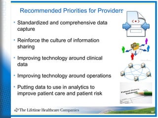 Recommended Priorities for Providers
• Standardized and comprehensive data
capture
• Reinforce the culture of information
sharing
• Improving technology around clinical
data
• Improving technology around operations
• Putting data to use in analytics to
improve patient care and patient risk
38
 