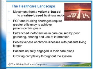 5
The Healthcare Landscape
• Movement from a volume-based
to a value-based business model
• PCP and Nursing shortages require
greater efficiency to achieve
patient-centric goals
• Entrenched inefficiencies in care caused by poor
gathering, sharing and use of information
• Pervasiveness of chronic illnesses with patients living
longer
• Patients not fully engaged in their care plans
• Growing complexity throughout the system
 