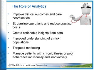 6
The Role of Analytics
• Improve clinical outcomes and care
coordination
• Streamline operations and reduce practice
costs
• Create actionable insights from data
• Improved understanding of at-risk
populations
• Targeted marketing
• Manage patients with chronic illness or poor
adherence individually and innovatively
 