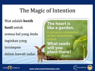 The	Magic	of	Intention	
Niat	adalah	benih	
hasil	untuk		
semua	hal	yang	Anda	
inginkan	yang	
tersimpan	
dalam	bawah	sadar.	
 