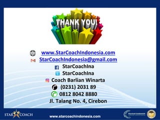 www.StarCoachIndonesia.com	
StarCoachIndonesia@gmail.com	
StarCoachIna	
StarCoachIna	
Coach	Barlian	Winarta	
(0231)	2031	89	
0812	8042	8880	
Jl.	Talang	No.	4,	Cirebon	
 