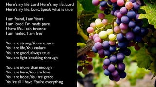 Here's my life Lord, Here's my life, Lord
Here's my life, Lord, Speak what is true
I am found, I amYours
I am loved, I'm made pure
I have life, I can breathe
I am healed, I am free
You are strong,You are sure
You are life,You endure
You are good, always true
You are light breaking through
You are more than enough
You are here,You are love
You are hope,You are grace
You’re all I have,You’re everything
 
