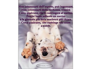 Non interessarti dell’aspetto, può ingannare . Non interessarti della ricchezza, svanirà Cerca qualcuno, che ti costringerà al sorriso. Perché basta soltanto un sorriso e la giornata più buia sembrerà più chiara. Cerca qualcuno,  che costringe tuo cuore a ridere. 