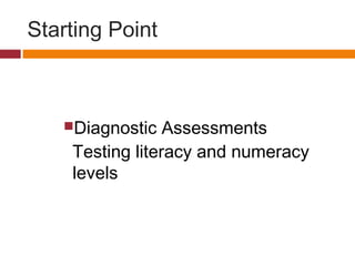 Starting Point
Diagnostic Assessments
Testing literacy and numeracy
levels
 