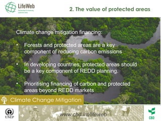 2. The value of protected areas www.cbd.int/lifeweb Climate change mitigation financing: Forests and protected areas are a key component of reducing carbon emissions In developing countries, protected areas should be a key component of REDD planning. Prioritising financing of carbon and protected areas beyond REDD markets Climate Change Mitigation 