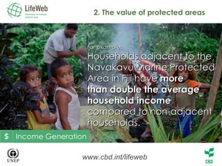 2. The value of protected areas www.cbd.int/lifeweb For example: Households adjacent to the  Navakavu Marine Protected  Area in Fiji have  more  than double the average  household income compared to non-adjacent  households. Income Generation 