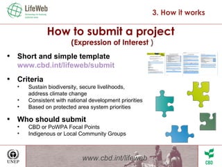 How to submit a project  (Expression of Interest  ) 3. How it works www.cbd.int/lifeweb Short and simple template  www.cbd.int/lifeweb/submit Criteria Sustain biodiversity, secure livelihoods, address climate change Consistent with national development priorities Based on protected area system priorities Who should submit CBD or PoWPA Focal Points Indigenous or Local Community Groups 