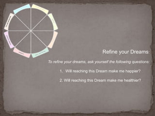 Refine your Dreams:To refine your dreams, ask yourself the following questions: Will reaching this Dream make me happier?2. Will reaching this Dream make me healthier?
