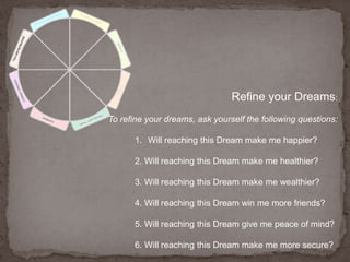 Refine your Dreams:To refine your dreams, ask yourself the following questions: Will reaching this Dream make me happier?2. Will reaching this Dream make me healthier?3. Will reaching this Dream make me wealthier?4. Will reaching this Dream win me more friends?5. Will reaching this Dream give me peace of mind?6. Will reaching this Dream make me more secure?