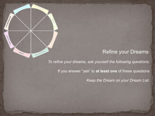 Refine your Dreams:To refine your dreams, ask yourself the following questions:If you answer “yes” to at least one of these questionsKeep the Dream on your Dream List.