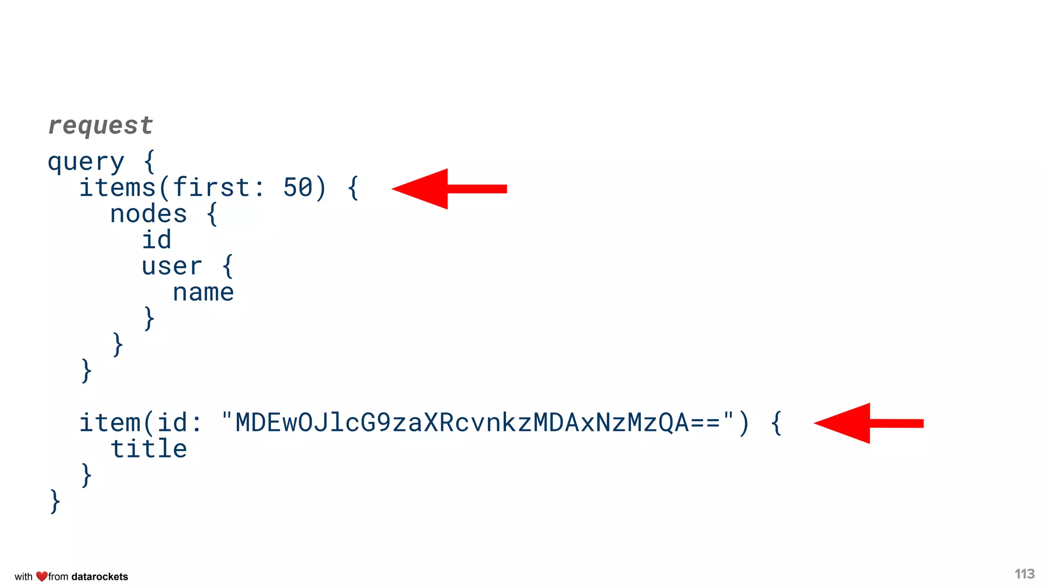 with ❤from datarockets 113
request
query {
items(first: 50) {
nodes {
id
user {
name
}
}
}
item(id: "MDEwOJlcG9zaXRcvnkzMDAxNzMzQA==") {
title
}
}
 